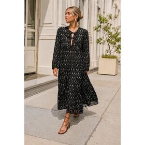 Matta Yamini Black Flowers Ikat Print 100% Cotton Tiered Maxi Boho Dress / SZ S